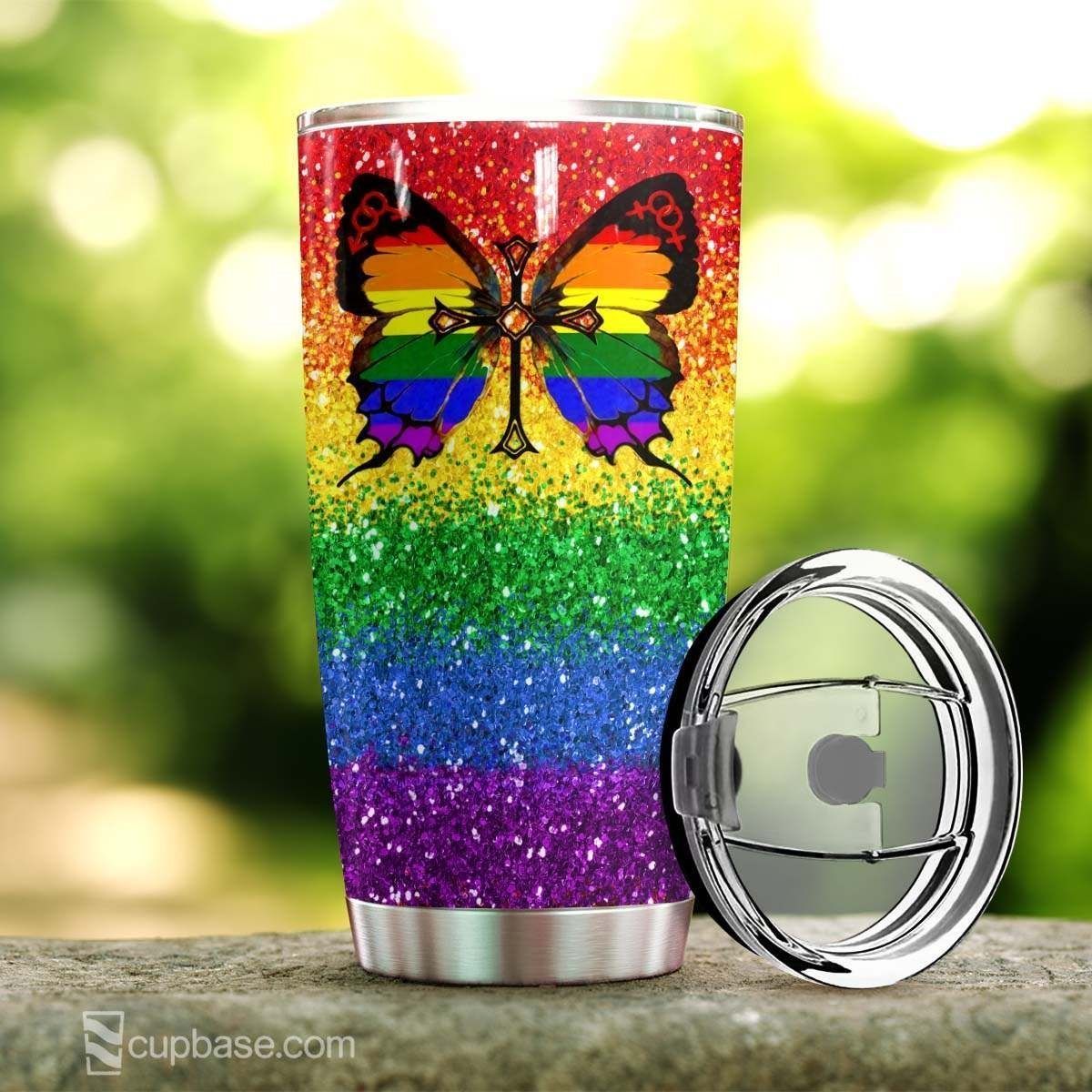 Unifinz LGBT God Tumbler 20 oz God Accept You LGBT Rainbow Butterfly Cross Tumbler Cup LGBT Travel Cup 2022