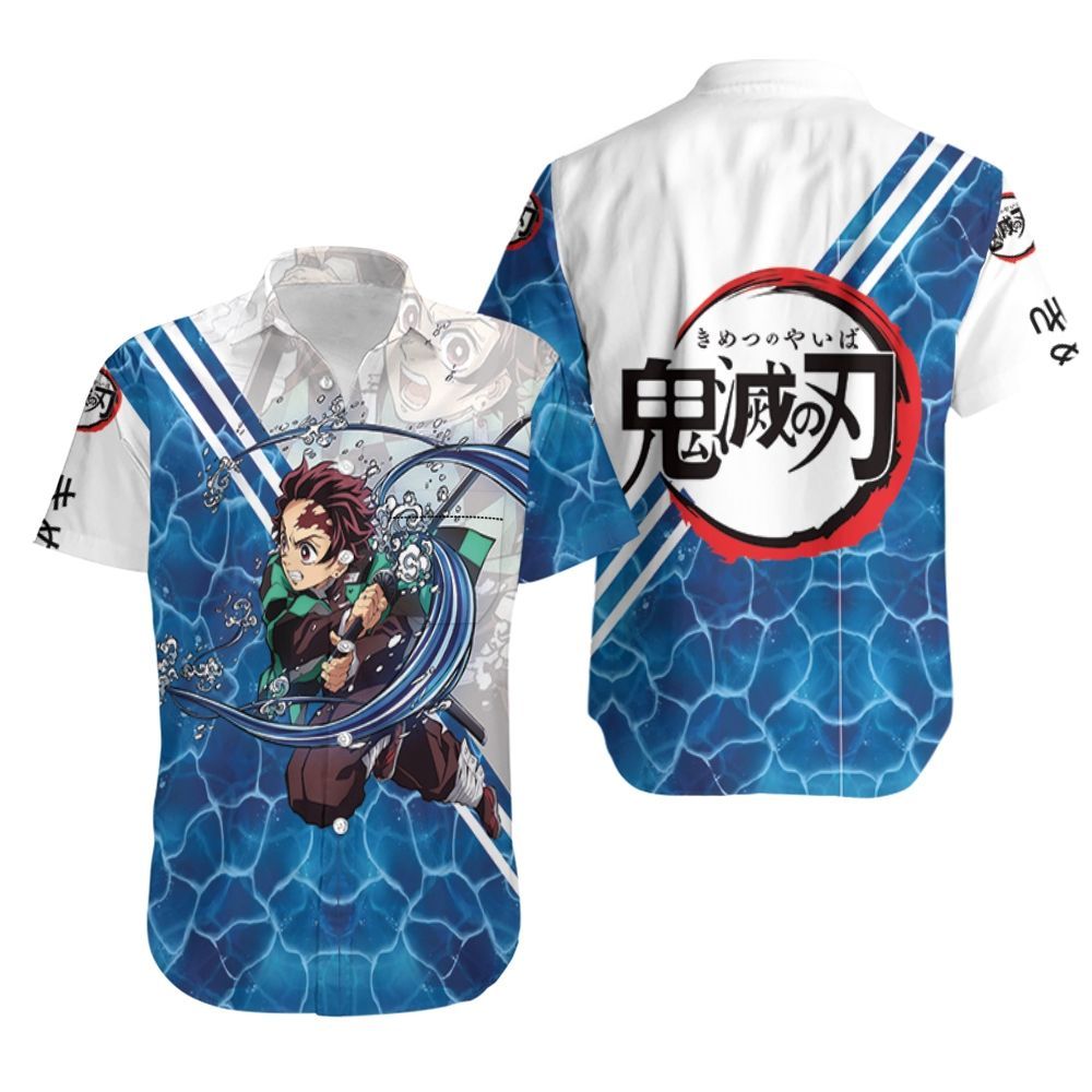 Unifinz Demon Slayer Hawaiian Shirt Tanjiro Kamado Water Breathing Ocean Blue Kimetsu No Yaiba Logo Hawaii Shirt Demon Slayer Aloha Shirt 2022