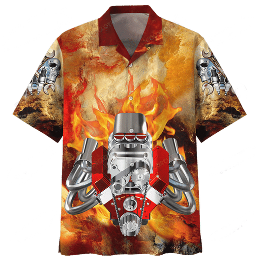  Hot Rod Hawaiian Shirt Firing Hot Rod Engine Red Brown Hawaii Aloha Shirt