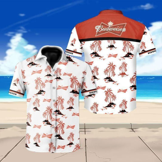  Beer Hawaiian Shirt Budweiser Logo Tropical Palm Trees Pattern Red White