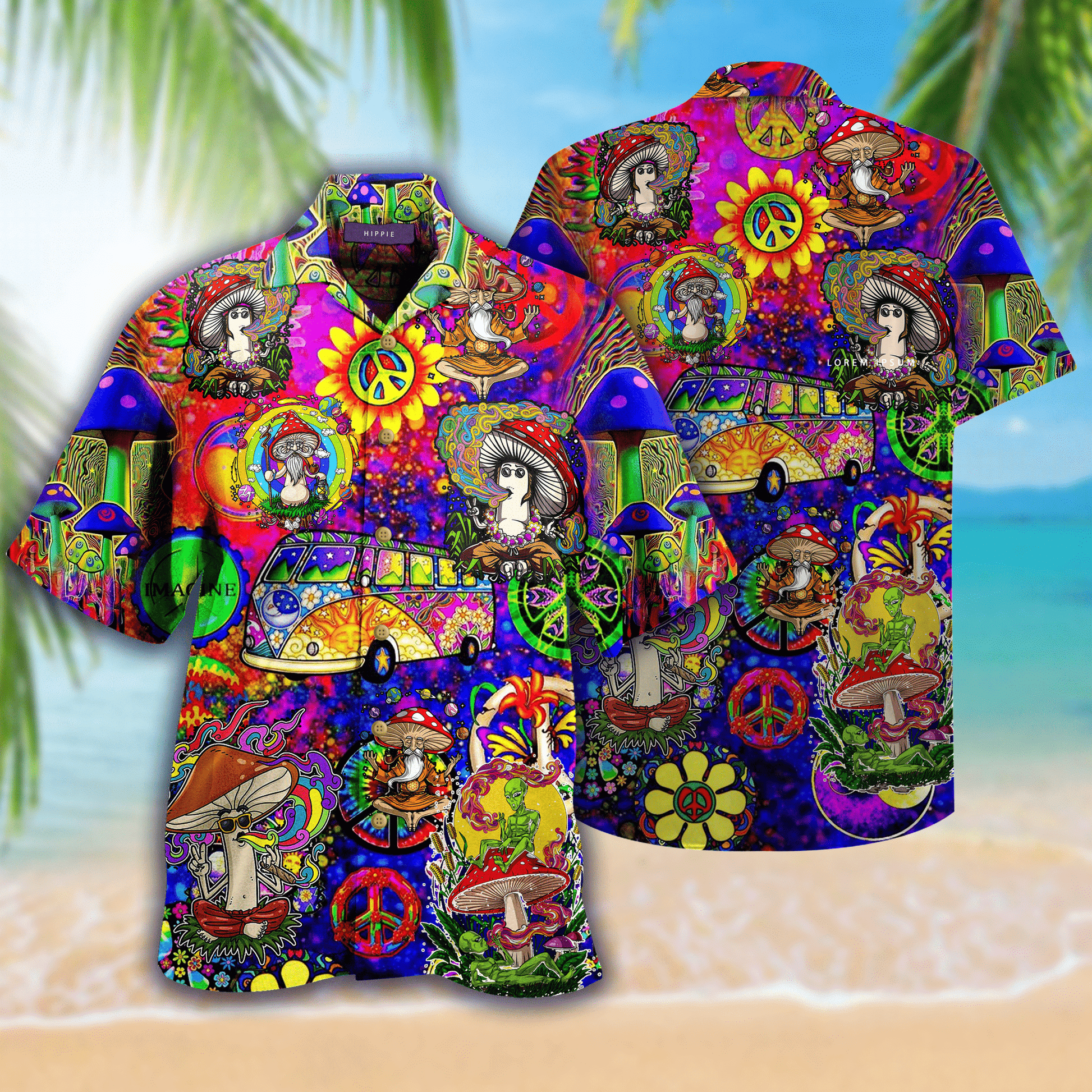  Hippie Shirt Hippie Van Mushroom Blue Hawaii Aloha Shirt