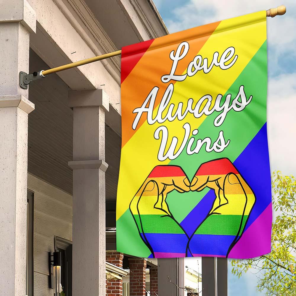 Unifinz LGBT Pride Flag Love Always Wins Heart Shape Hands Rainbow Color Garden Flags LGBT House Flag 2022