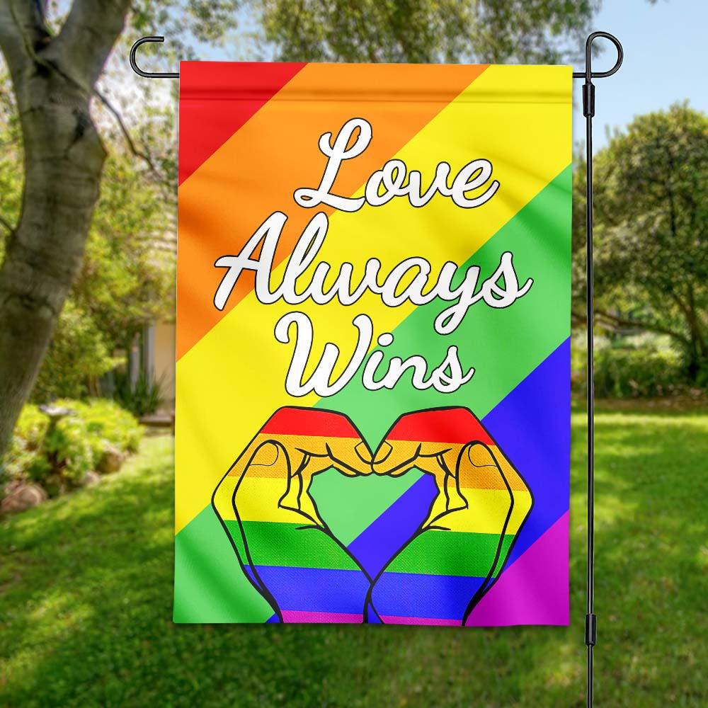 Unifinz LGBT Pride Flag Love Always Wins Heart Shape Hands Rainbow Color Garden Flags LGBT House Flag 2022