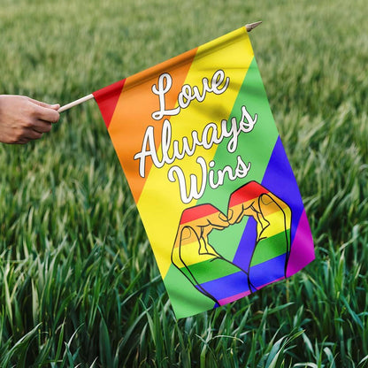 Unifinz LGBT Pride Flag Love Always Wins Heart Shape Hands Rainbow Color Garden Flags LGBT House Flag 2022