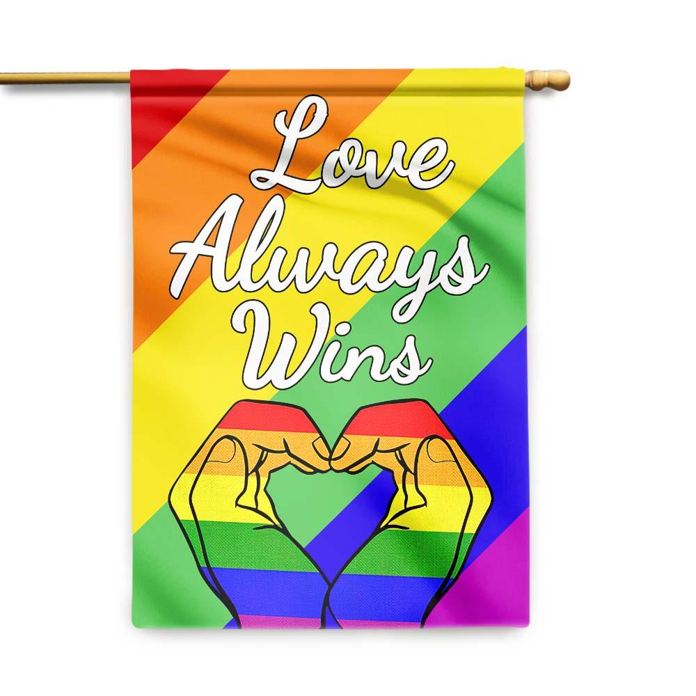 Unifinz LGBT Pride Flag Love Always Wins Heart Shape Hands Rainbow Color Garden Flags LGBT House Flag 2022