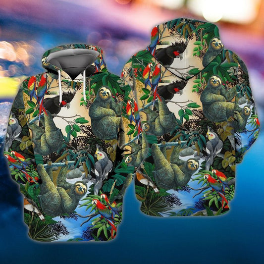  Sloth T-shirt Sloth In The Forest Birds Parrots T-shirt Hoodie Adult Full Print