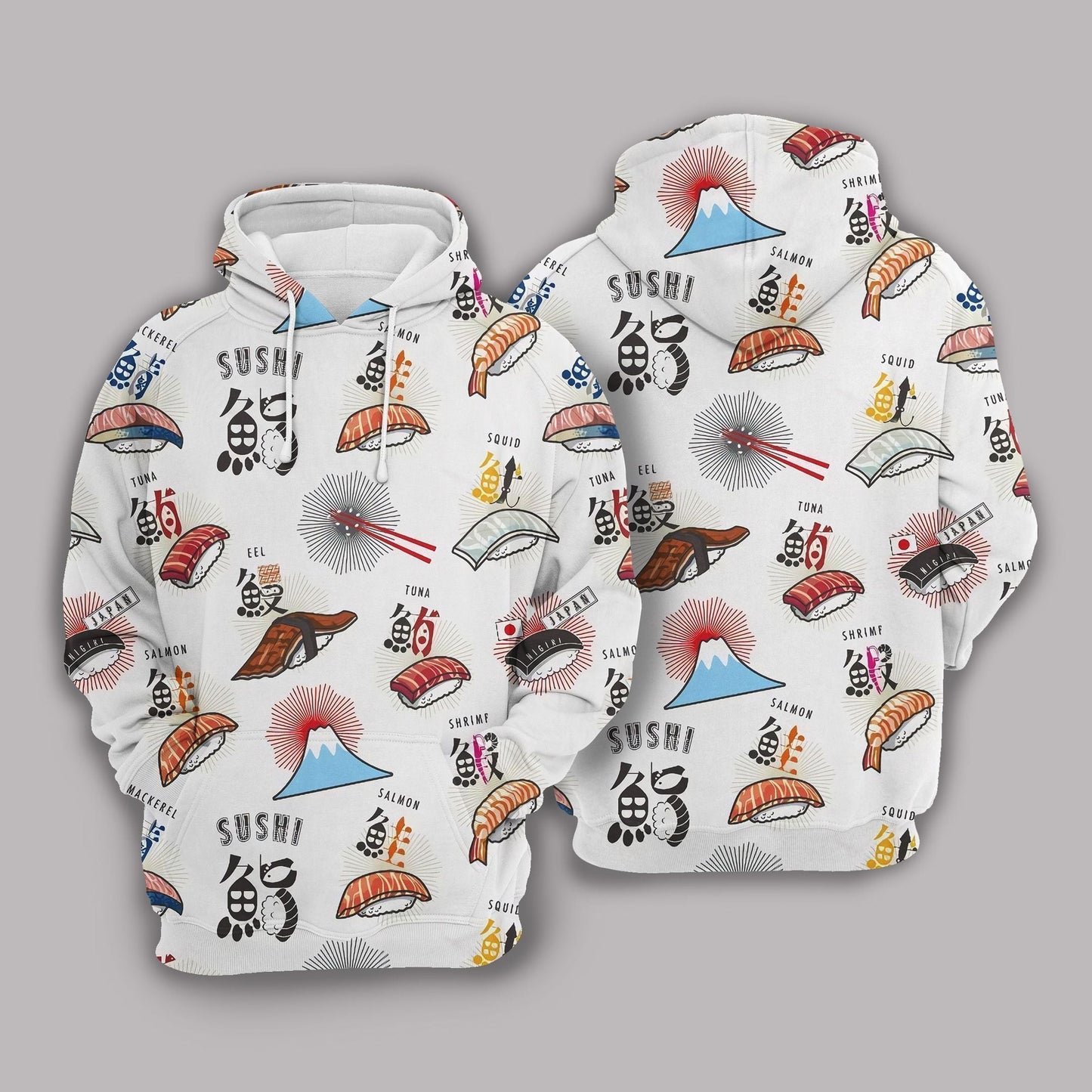  Japan Hoodie Fuji Mountain Sushi Cute Pattern White Hoodie Adult Full Print