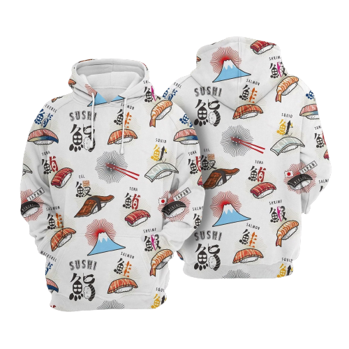  Japan Hoodie Fuji Mountain Sushi Cute Pattern White Hoodie Adult Full Print