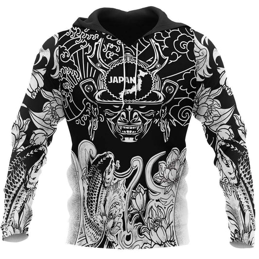  Japan Hoodie Japan Samurai Skull Koi Fish Black White Hoodie Adult Full Print