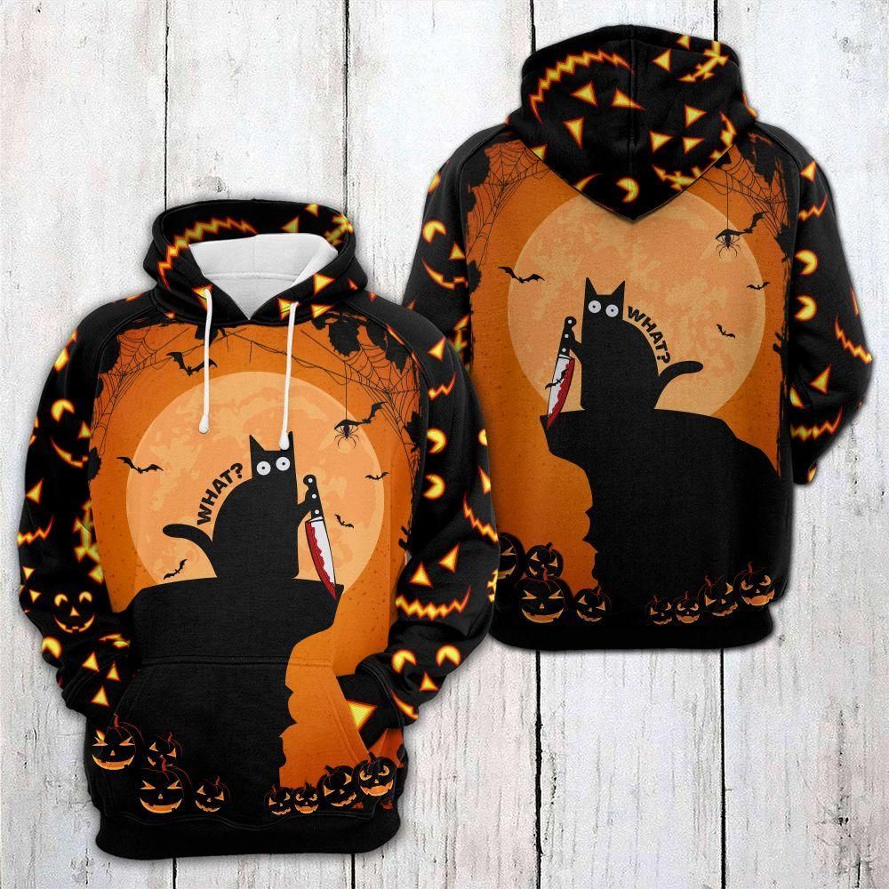 Halloween Hoodie Black Cat With Knife What Halloween Moon Light Hoodie Adult Full Print Full Size