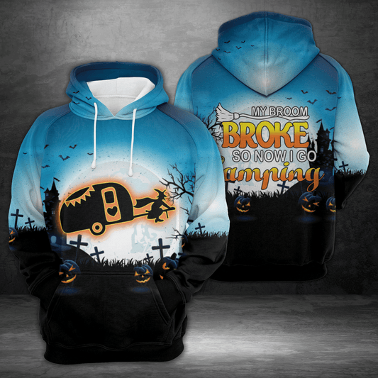 Halloween Hoodie Halloween Night My Broom Broke So Now I Go Camping Black Blue Hoodie Unisex Full Size