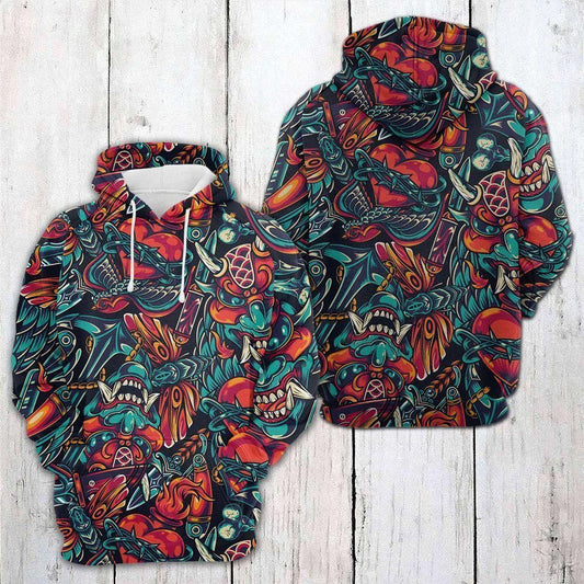  Japan Hoodie Japan Vintage Tattoo Pattern Blue Red Hoodie Adult Full Print