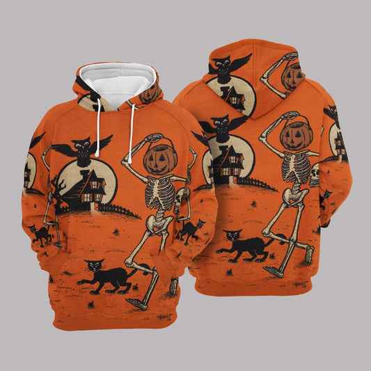  Halloween Hoodie Dancing Pumpkin Head Skeleton Halloween Night Orange Hoodie Full Print Full Size