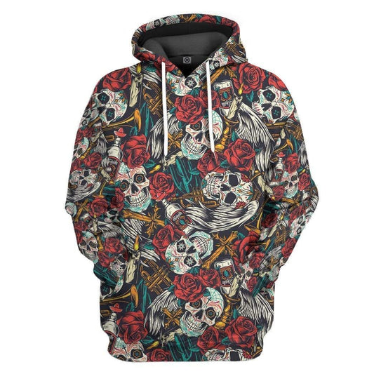  Halloween Hoodie Halloween Sugar Skull Candles Wines Roses Pattern Hoodie Adult Unisex Full Size