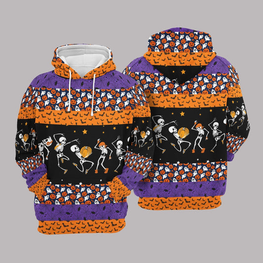  Halloween Hoodie Halloween Skeletons Dancing Pumpkin Ghost Pattern Orange Purple Hoodie Adult Unisex Full Print