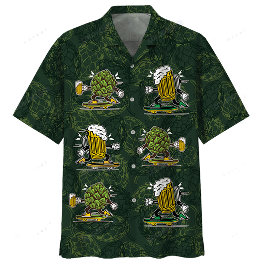 Beer Hawaiian Shirt Hops And Beer Cups Dark Green Aloha Shirt