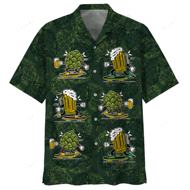 Beer Hawaiian Shirt Hops And Beer Cups Dark Green Aloha Shirt