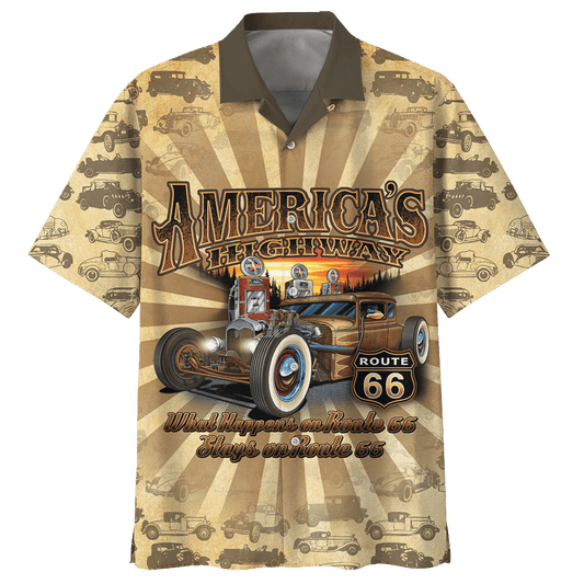  Hot Rod Hawaiian Shirt American's Highway What Happen On Route 66 Stay On Route 66 Hawaii Aloha Shirt