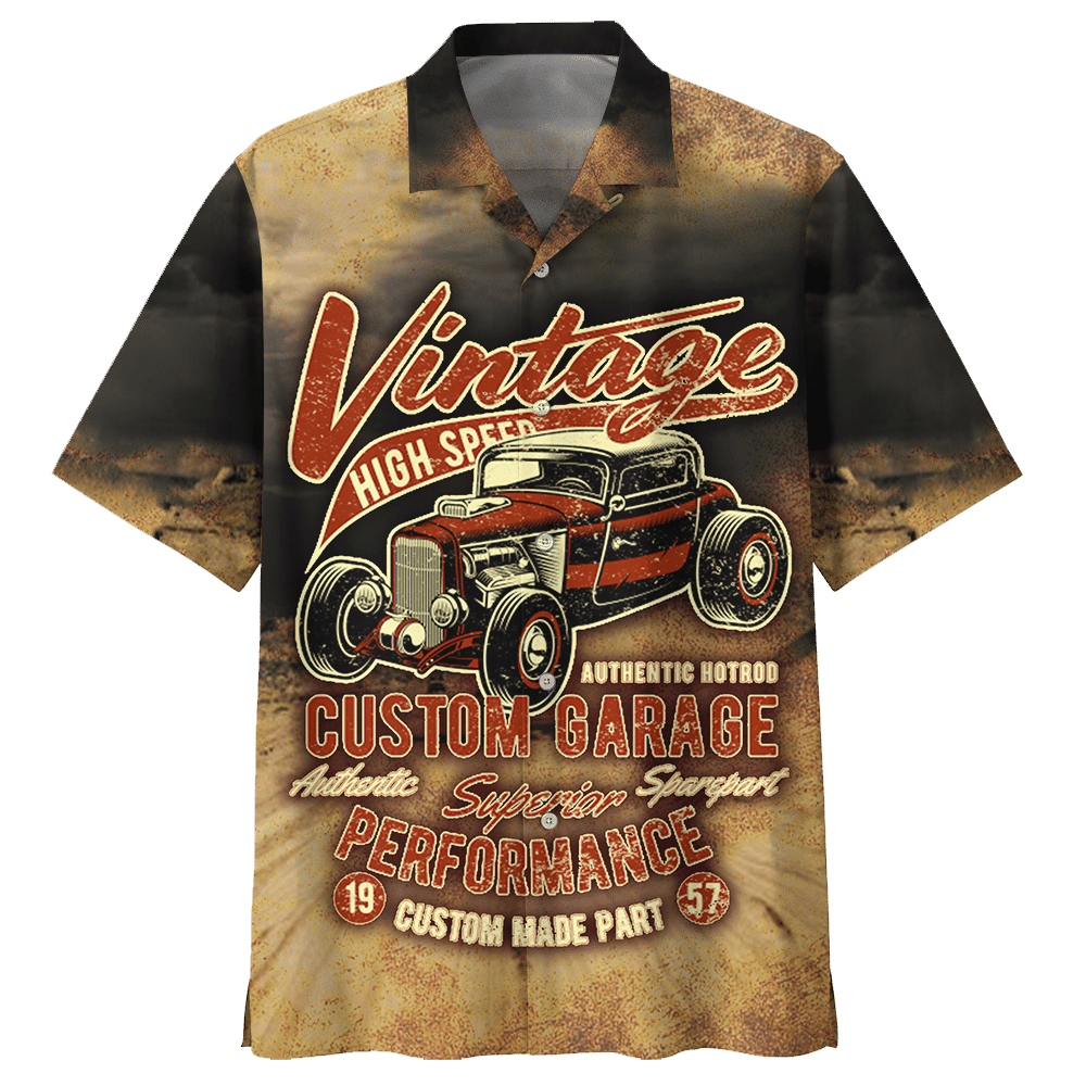  Hot Rod Hawaiian Shirt Vintage High Speed Custom Garage Brown Hawaii Aloha Shirt