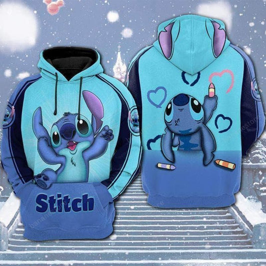 DN Hoodie Stitch Hoodie Stitch Drawing Hearts Blue Hoodie