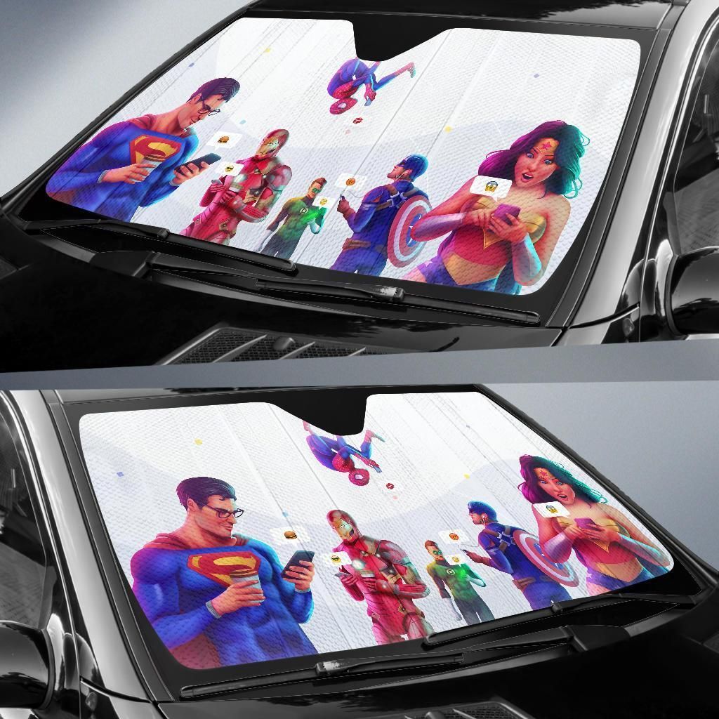 DC And MV Windshield Sun Shade Super Heroes Chatting On Phone Car Sun Shade