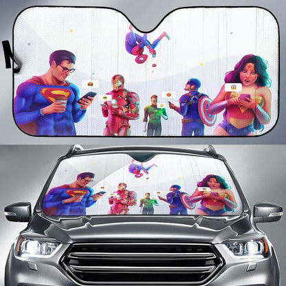  DC And MV Windshield Sun Shade Super Heroes Chatting On Phone Car Sun Shade