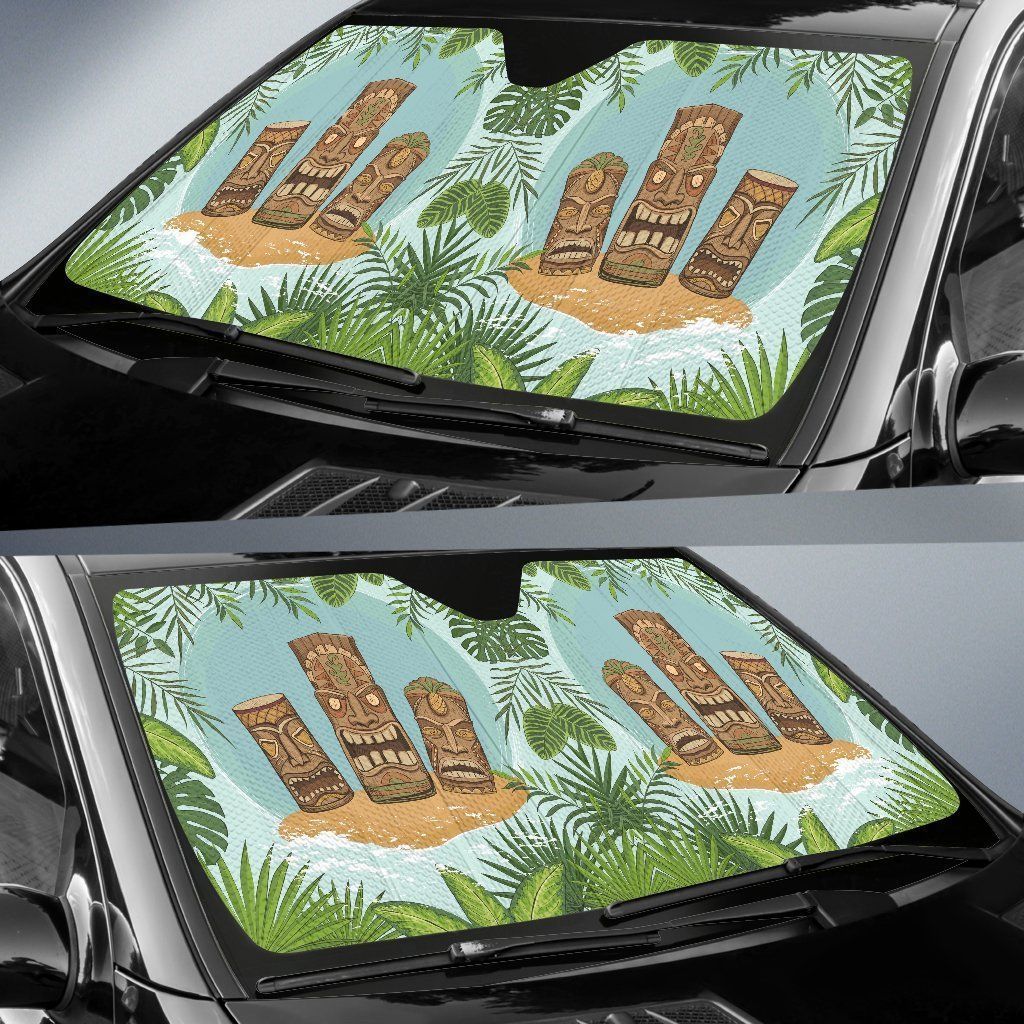  Hawaiian Car Sun Shade Tiki Wood Island Forest Green Windshield Sun Shade