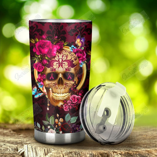  Breast Cancer Tumbler Cup 20 Oz Breast Cancer Sugar Skull Butterfly Flowers Pink Tumbler 20 Oz Travel Mug