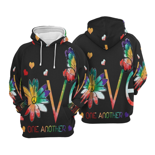  Hippie Apparel Love On Another Peace Sign Flower Butterfly Black Hoodie Adult Unisex Full Size