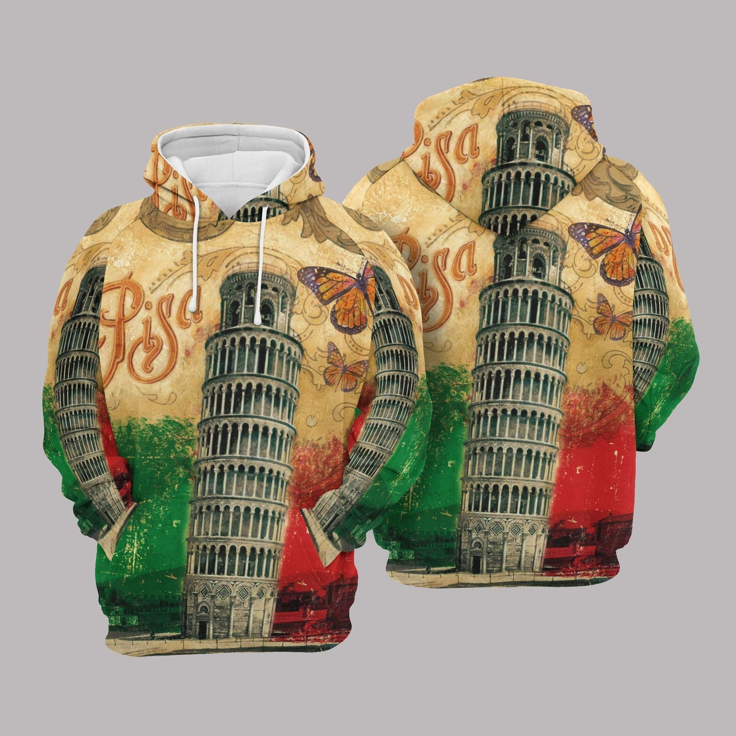  Italy Hoodie Italy Pride Vintage Pisa Tower Painting Butterfly Green Red Hoodie Apparel Adult Unisex Full Print