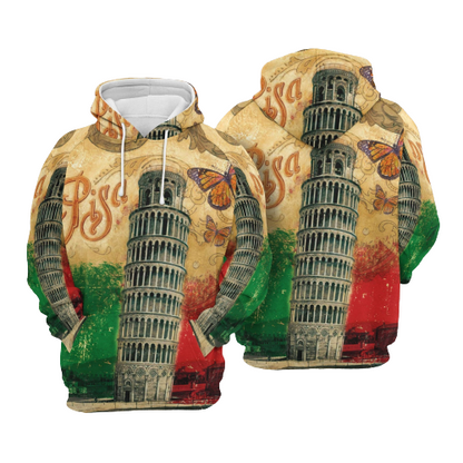  Italy Hoodie Italy Pride Vintage Pisa Tower Painting Butterfly Green Red Hoodie Apparel Adult Unisex Full Print