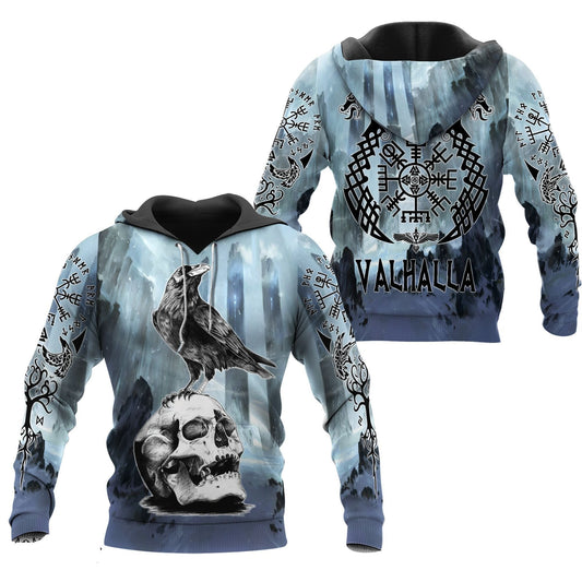  Viking Shirt Valhalla Raven On The Skull The Viking Compass Blue T-shirt Viking Hoodie Adult Full Print