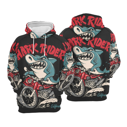  Shark Hoodie Shark Rider Motocycle Cool Black Hoodie Apaprel Adult Unisex Full Print