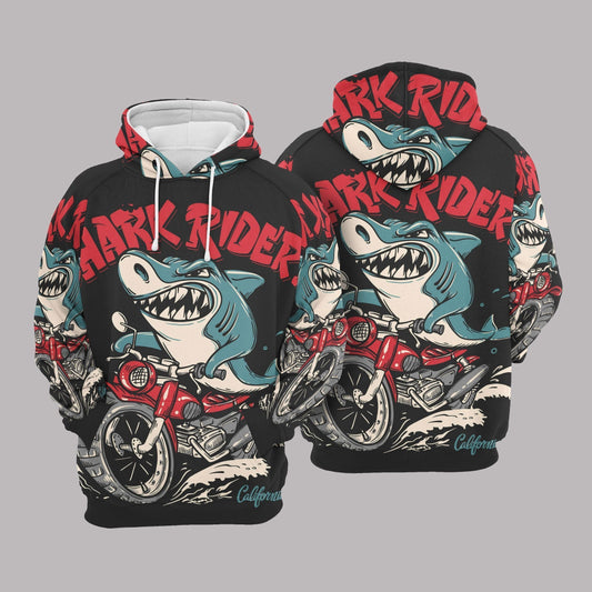  Shark Hoodie Shark Rider Motocycle Cool Black Hoodie Apaprel Adult Unisex Full Print