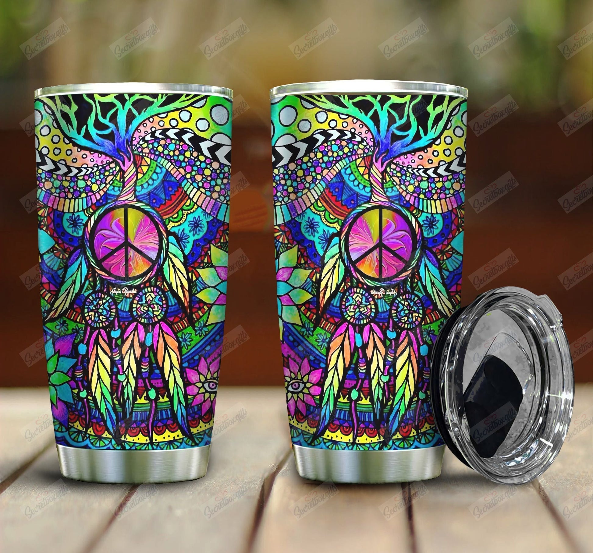  Hippie Tumbler 20 Oz Peace sign Dreamcatcher Tree Multicolor Tumbler Cup 20 Oz