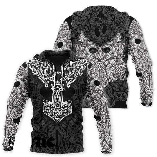  Viking Hoodie Viking Hammer Odin Norse Art Tattoo White Black Hoodie Full Print Full Size