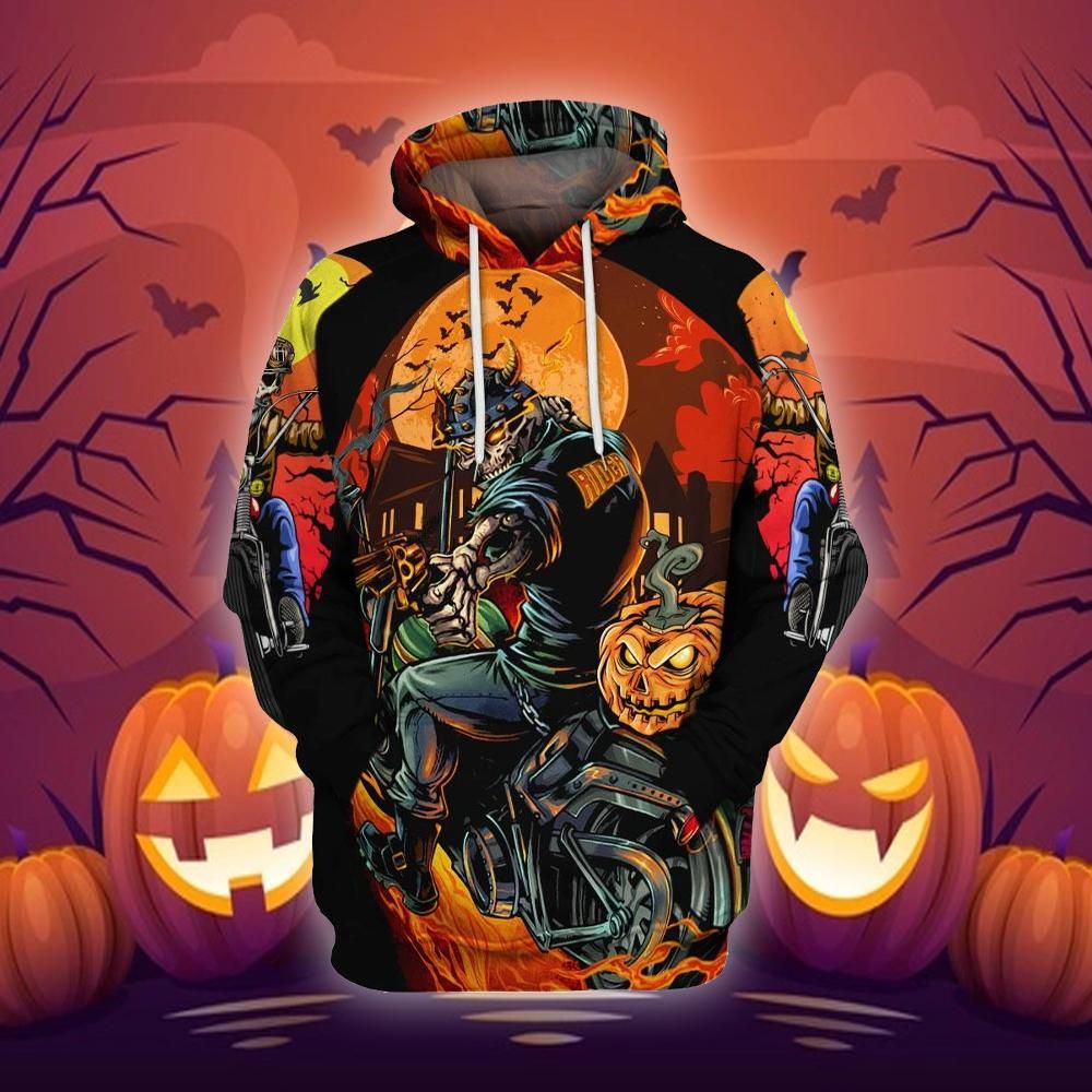  Halloween T-shirt Halloween Pumpkin Skull Biker Hoodie Adult Full Print Full Size