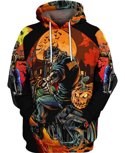  Halloween T-shirt Halloween Pumpkin Skull Biker Hoodie Adult Full Print Full Size