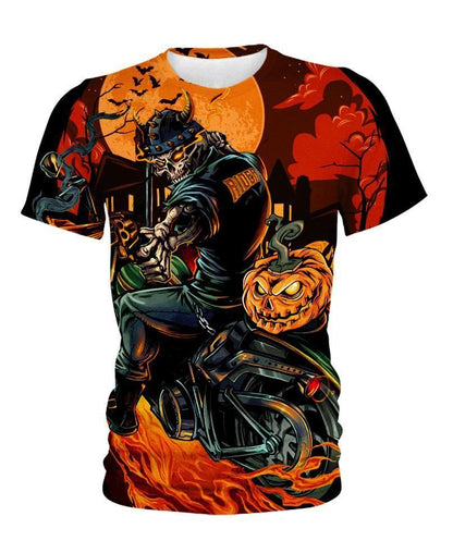  Halloween T-shirt Halloween Pumpkin Skull Biker Hoodie Adult Full Print Full Size