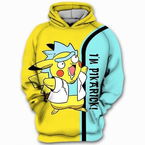  Rick And Morty Hoodie I'm Pikarick Pikachu Rick And Morty Crossover Yellow Blue Hoodie Apparel Adult Full Print Unisex