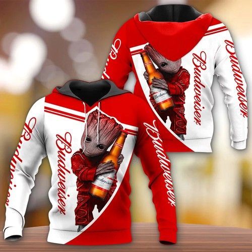  Beer Hoodie Groot Baby Hugging Budweiser Beer Bottle Red White Hoodie Adult Unisex Full Size