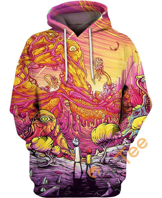  Rick And Morty Hoodie Rick And Morty Strange Planet Pink Yellow Hoodie Apparel Adult Full Size Full Print