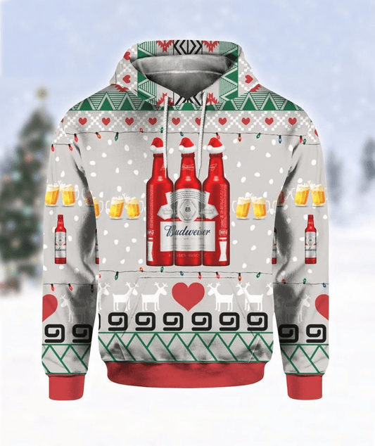  Beer Hoodie Christmas Budweiser Red Beer Bottle Grey Hoodie Beer Lover Apparel Men Women Adult Full Print