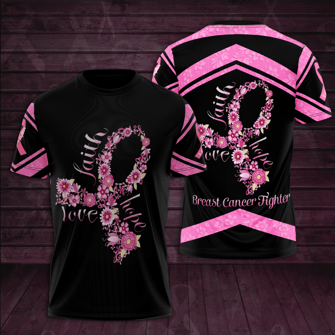  Breast Cancer T-shirt Breast Cancer Fighter Faith Hope Love Flower Ribbon Black Pink Shirts For Women