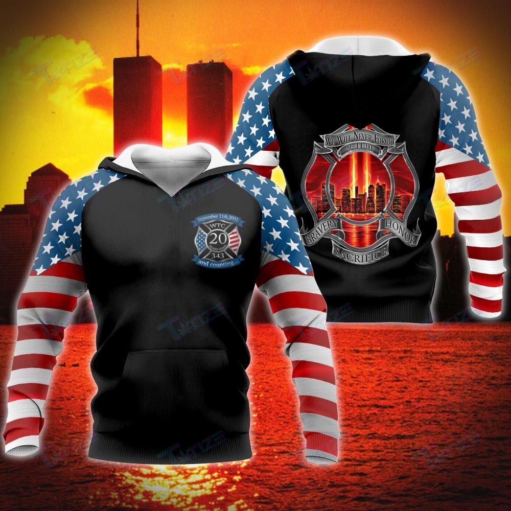 Patriot Day T-shirt September 11th Shirt We Will Never Forget 09-11-01 Bravery Sacrifice Honor Black Hoodie Patriot Day Hoodie