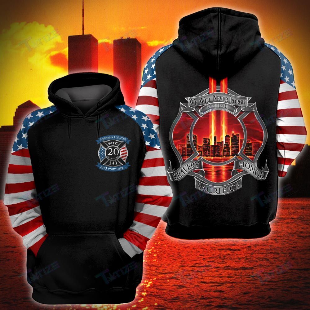 Patriot Day T-shirt September 11th Shirt We Will Never Forget 09-11-01 Bravery Sacrifice Honor Black Hoodie Patriot Day Hoodie