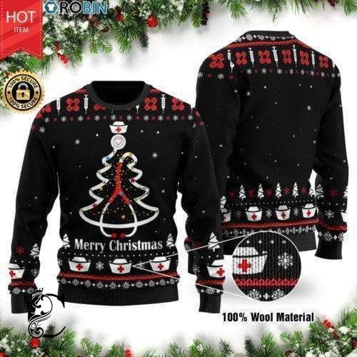 Nurse Christmas Sweater Stethoscope Christmas Tree Merry Christmas Black Ugly Sweater