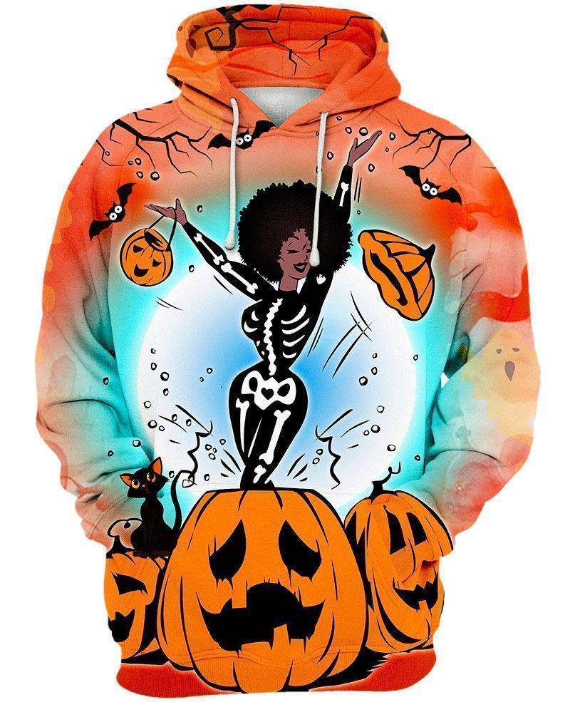 Halloween Hoodie Skeleton Hoodie Skeleton Black Woman Halloween Pumpkin Orange Hoodie
