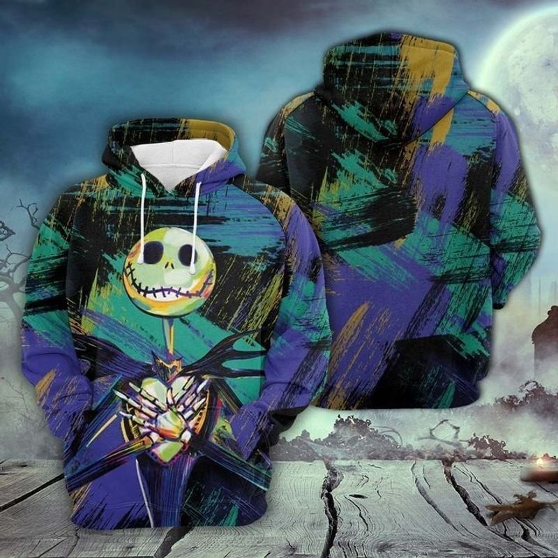  Nightmare Before Christmas Hoodie Jack Skellington Painting Art Style Blue Green Hoodie Adult Full Size Full Print