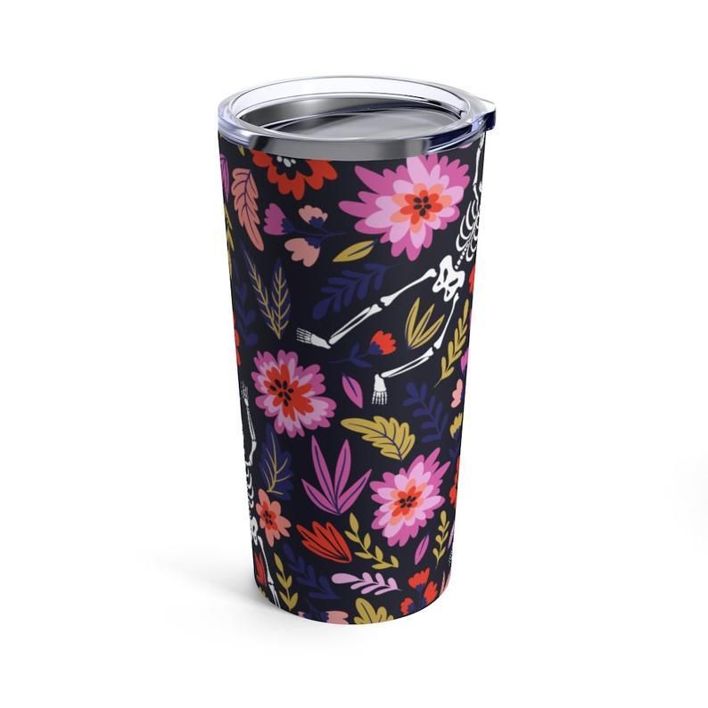 Skeleton Tumbler 20 Oz Dacing Skeleton Witch Colorful Flower Black Tumbler Cup 20 Oz Halloween Tumbler